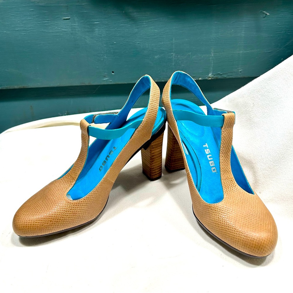 Taupe Tsubo T-strap, snake embossed, leather sling back heels. Worn <5 times.